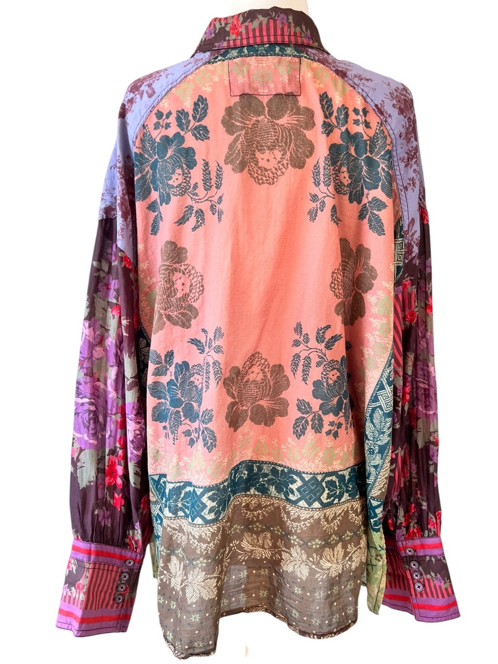 Free People Flower Patch Mixed Media Patchwork Button Down Floral Top Blouse XL - Picture 10 of 11
